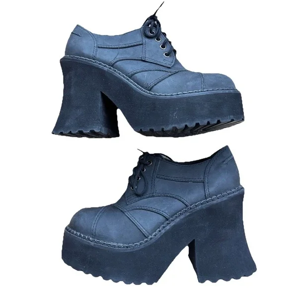 90S Deadstock Leather Platform Oxford Shoes SZ 8 BatWing Chunky Whimsigoth Y2K - Picture 4 of 9